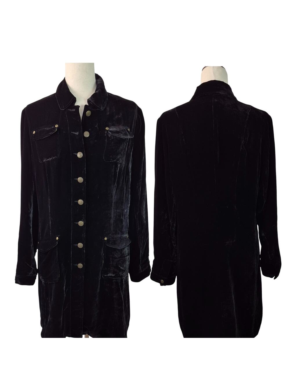 Elliott Lauren Black Velvet Silk Lined Button Up 4 Pocket Jacket Dress 10